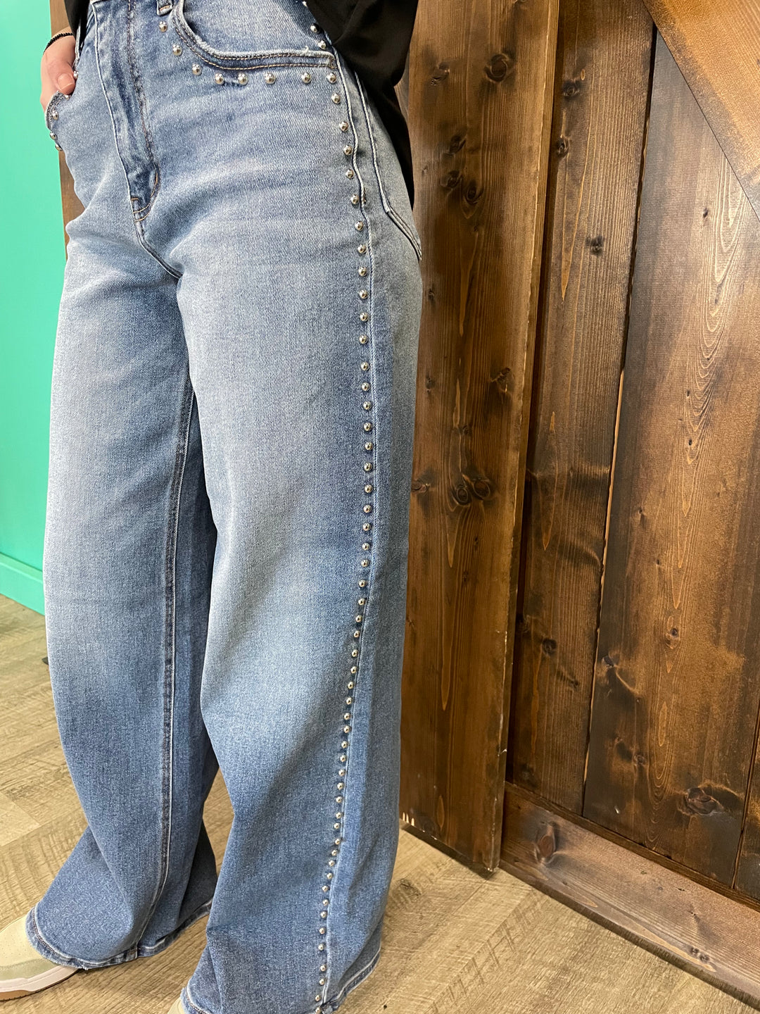 Studded Medium Wash High Rise Wide Leg Jeans