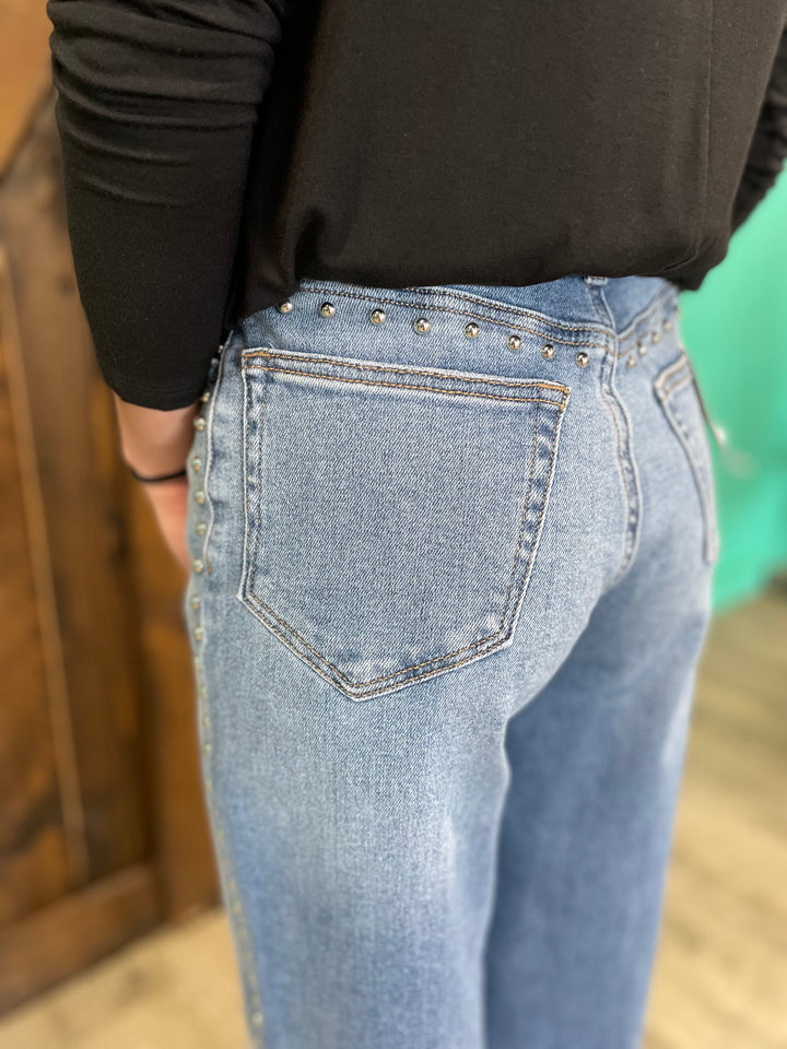 Studded Medium Wash High Rise Wide Leg Jeans