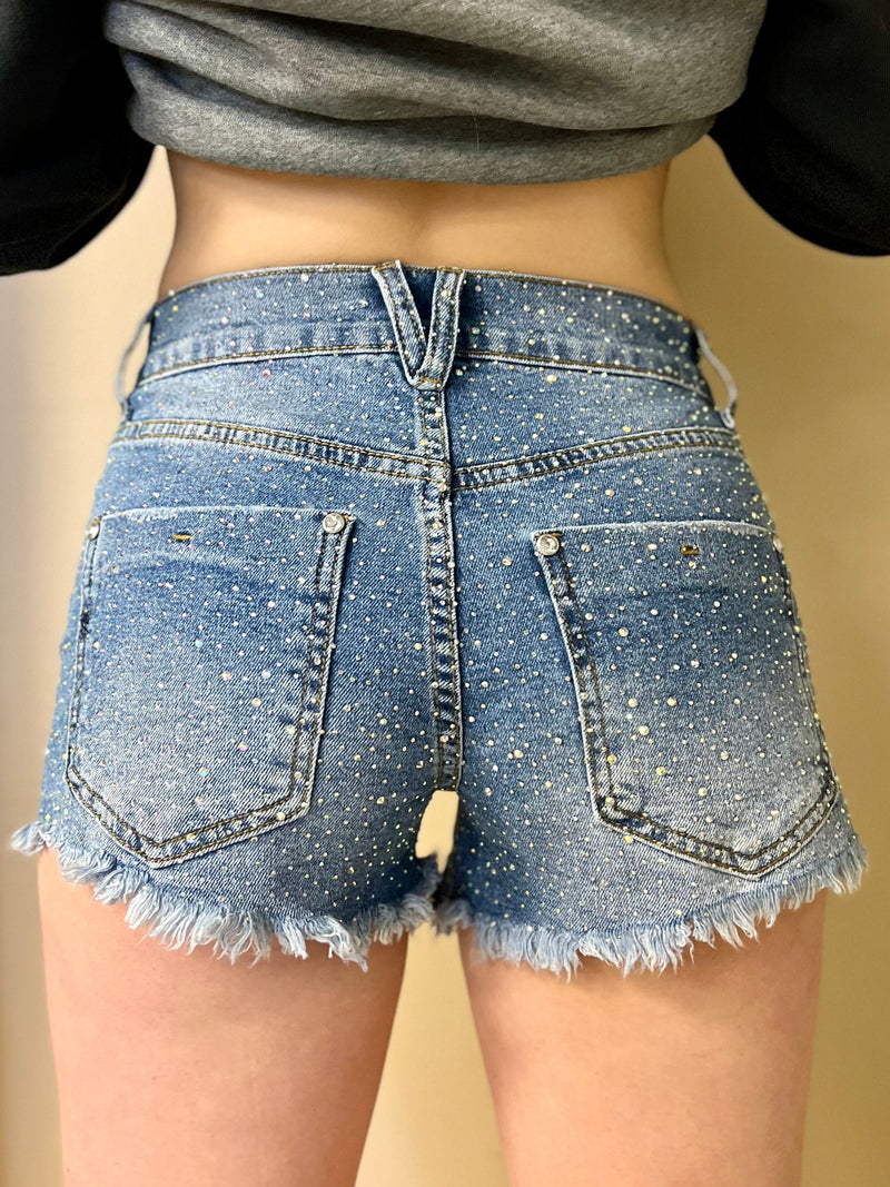 jean shorts, cut offs, distressed, rhinestone detail. Get Gussied Up. Woman Owned Boutique. Small Business. 
