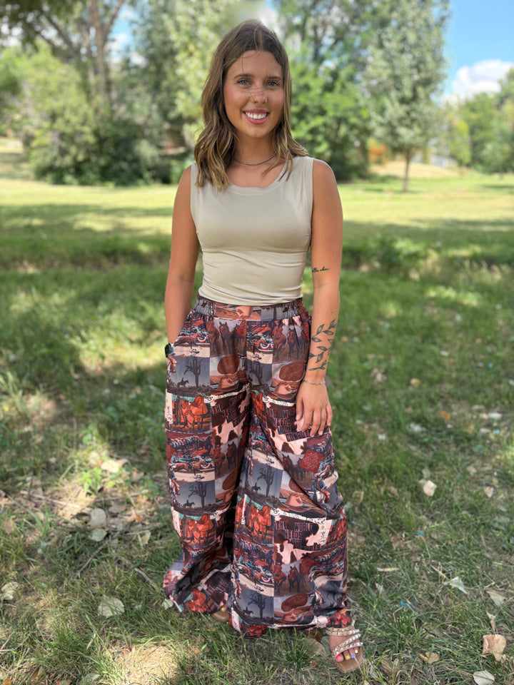 Western Collage Print High Waist Wide Leg Pants