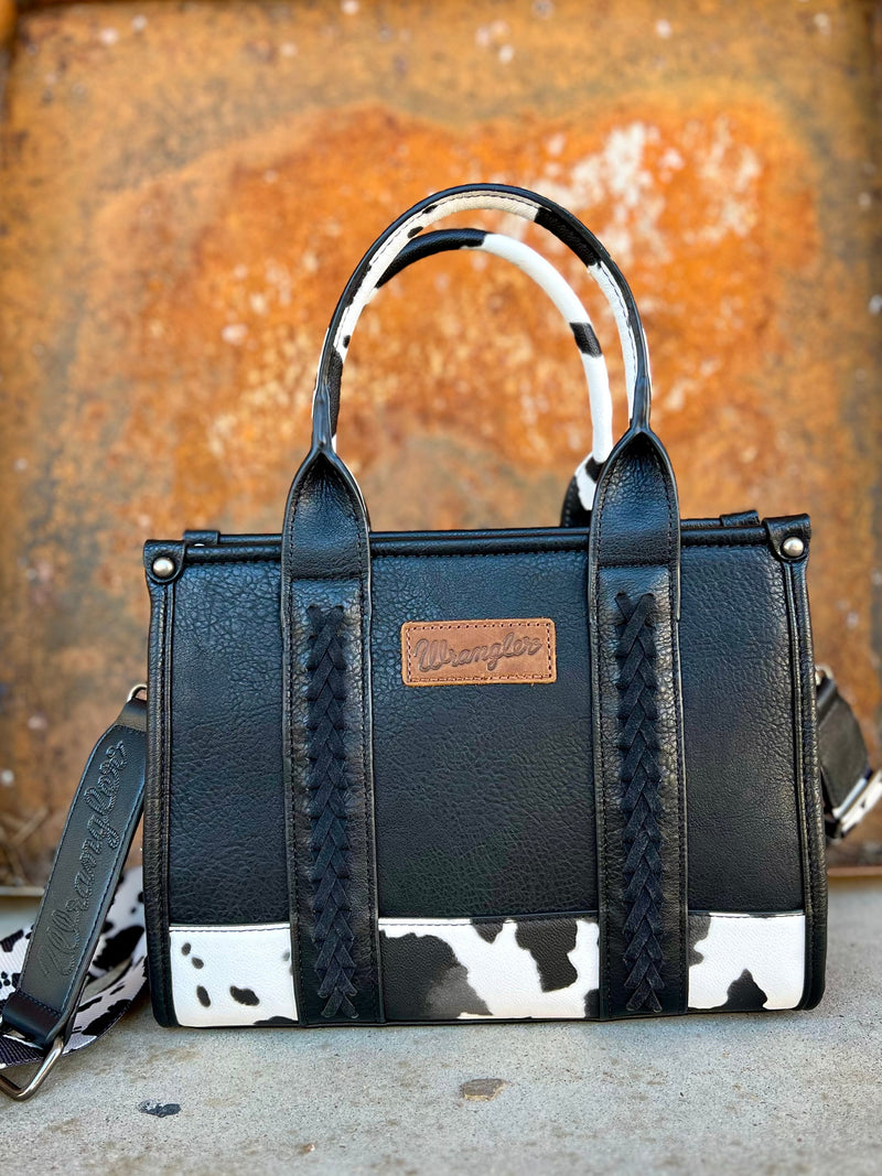 bag, black leather, cow print, small. Get Gussied Up. Woman Owned Boutique. Small Business