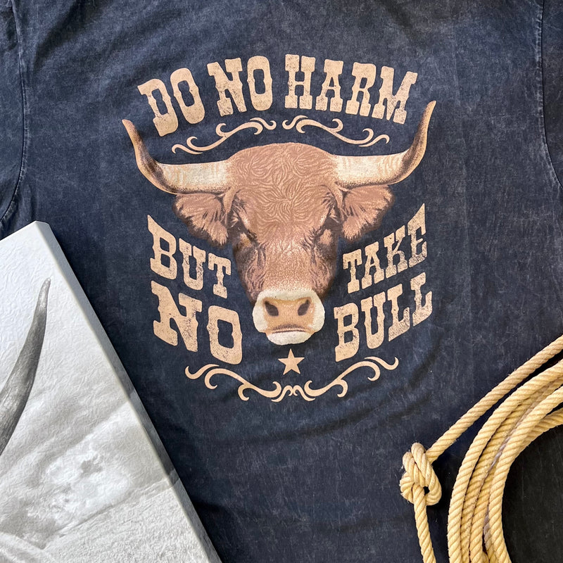 This PLUS Take No Bull Cause No Harm Tee is the perfect blend of style and comfort! Crafted from 100% cotton and mineral washed for extra softness, the tee features a relaxed fit with an open neckline and short sleeves. Available in a Mineral Washed Black color, this tee is sure to add a playful pop of style to any outfit. Wear it and make a statement — no bull, no harm!