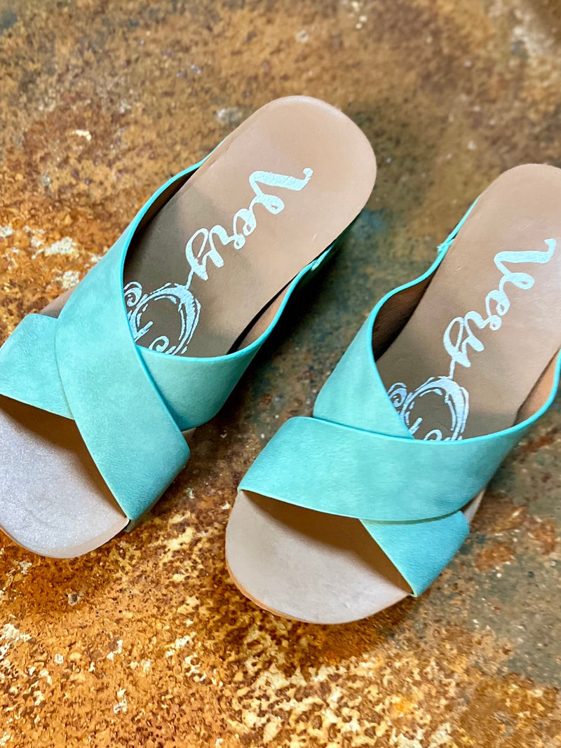 Crossed Paths Turquoise Sandals | gussieduponline