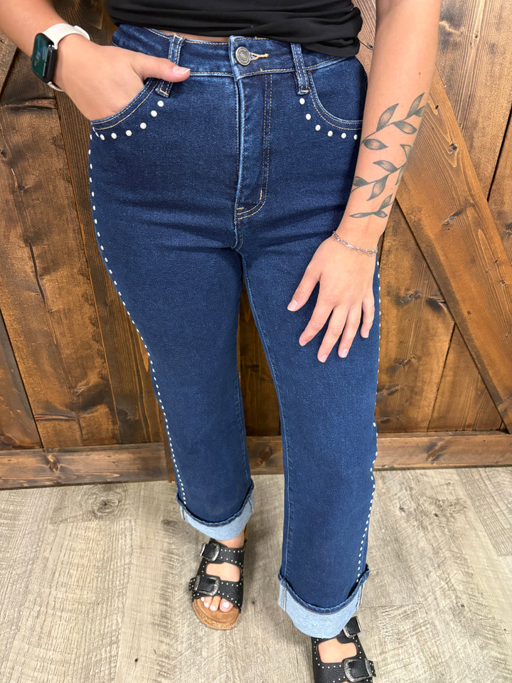 Dark Wash Vintage Horse Print Pocket Studded Jeans