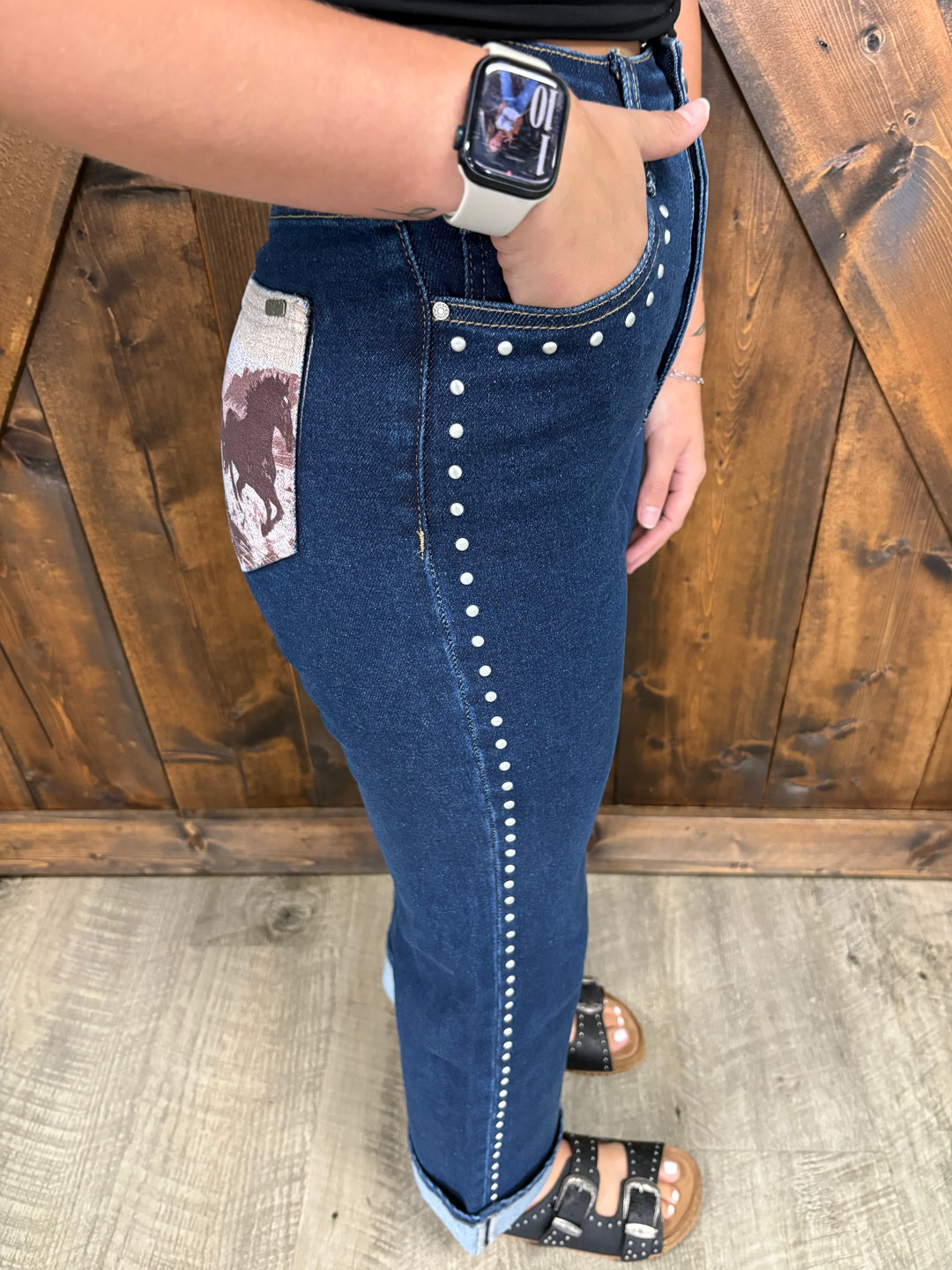 Dark Wash Vintage Horse Print Pocket Studded Jeans