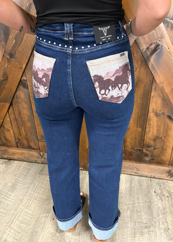 Dark Wash Vintage Horse Print Pocket Studded Jeans