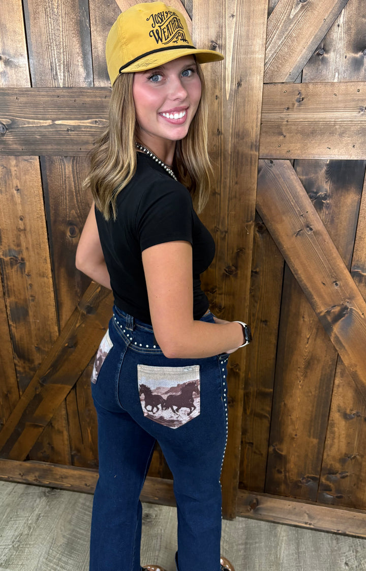 Dark Wash Vintage Horse Print Pocket Studded Jeans