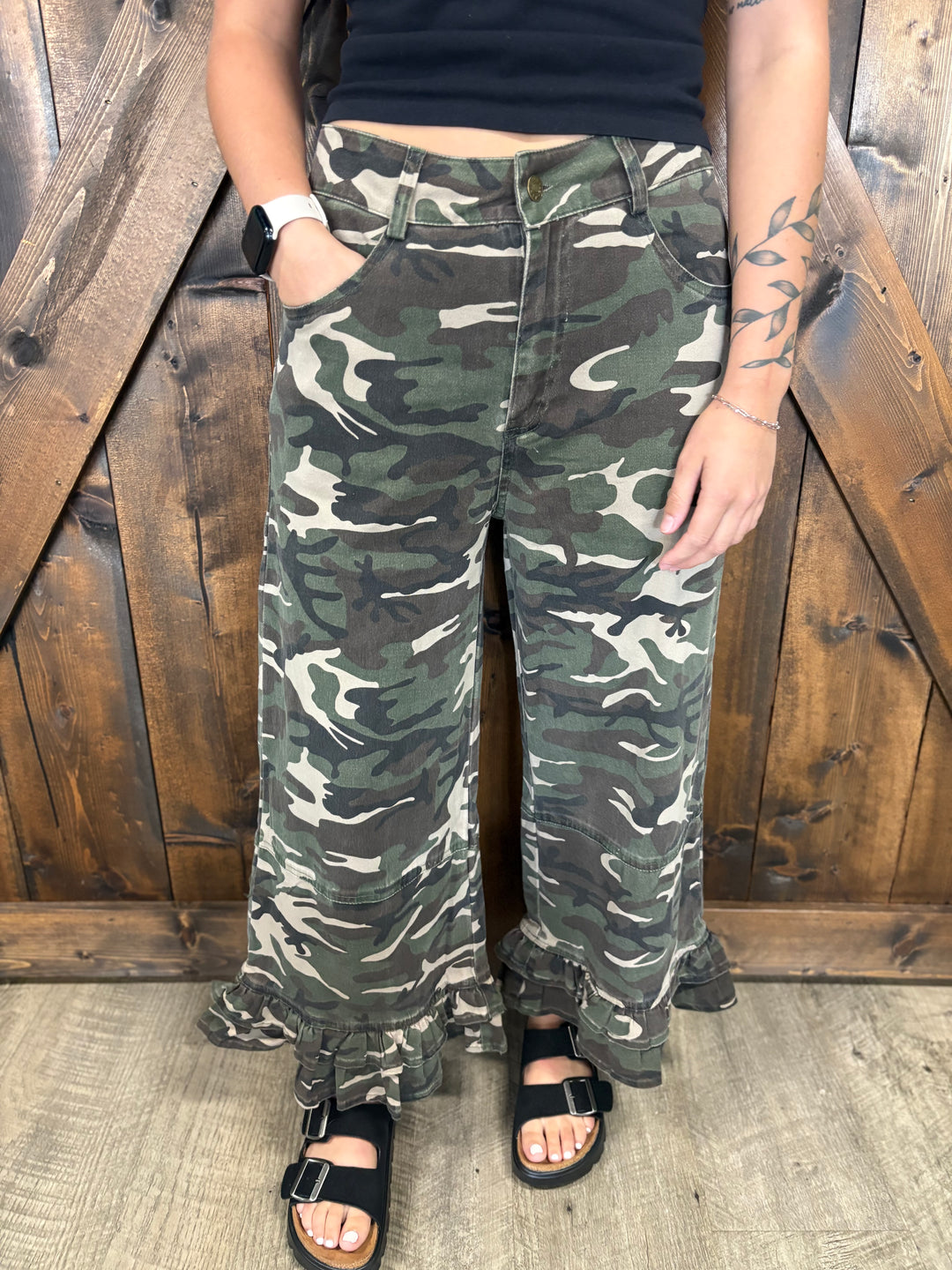 Vintage Camo Ruffle Washed Wide Leg Pants