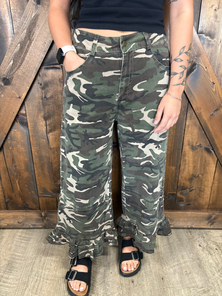 Vintage Camo Ruffle Washed Wide Leg Pants