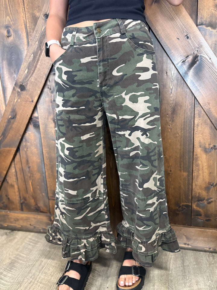 Vintage Camo Ruffle Washed Wide Leg Pants
