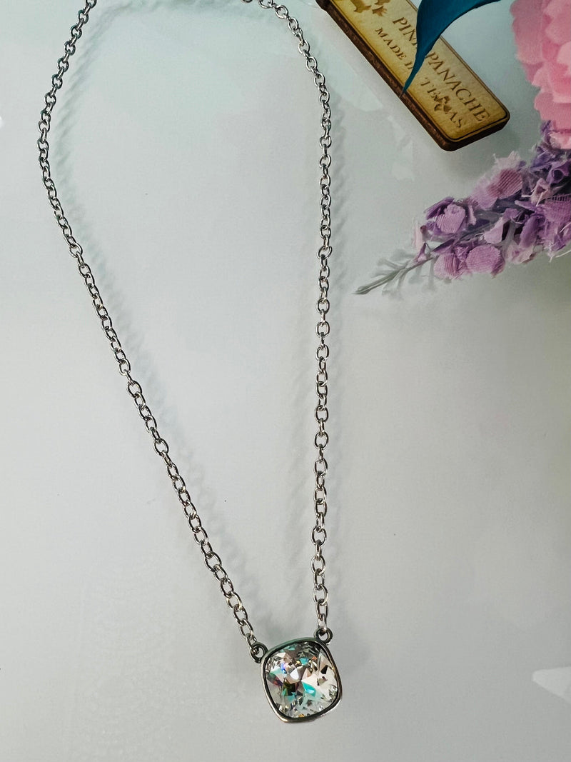 Silver stone pendant necklace. Silver chain necklace with crystal pendant. Simple jewel necklace.  Women's elegant jewelry. Women's western wear. Women's western boutique. Online boutique. Small business. 