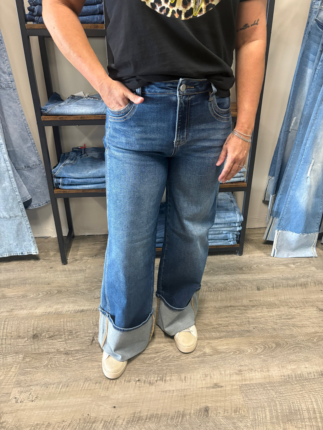 Risen High Rise Wide Leg Cuffed Jeans