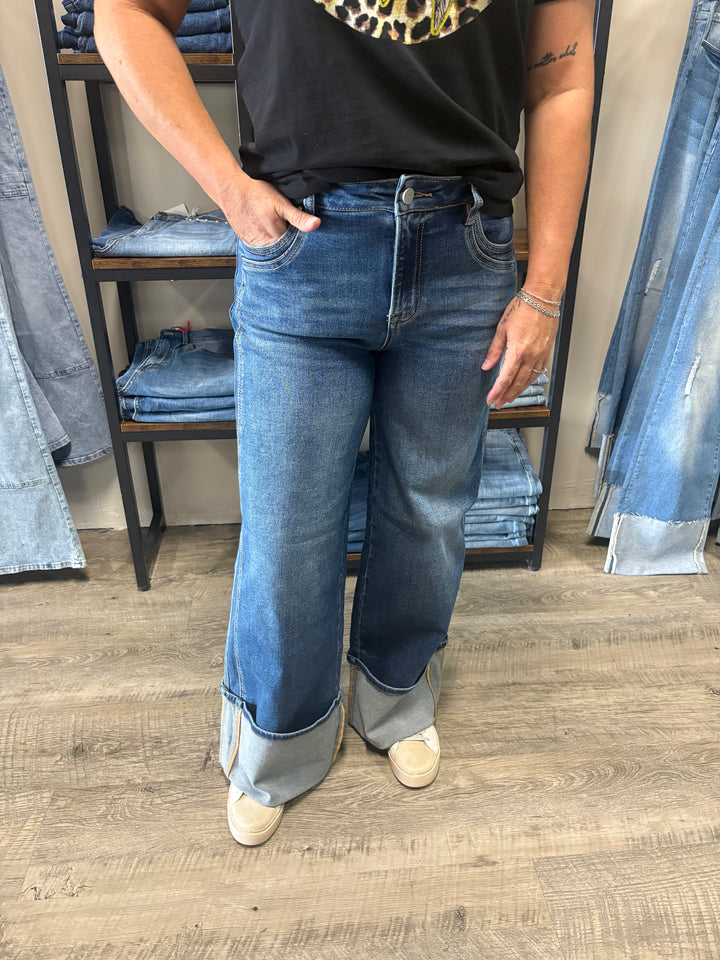 Risen High Rise Wide Leg Cuffed Jeans
