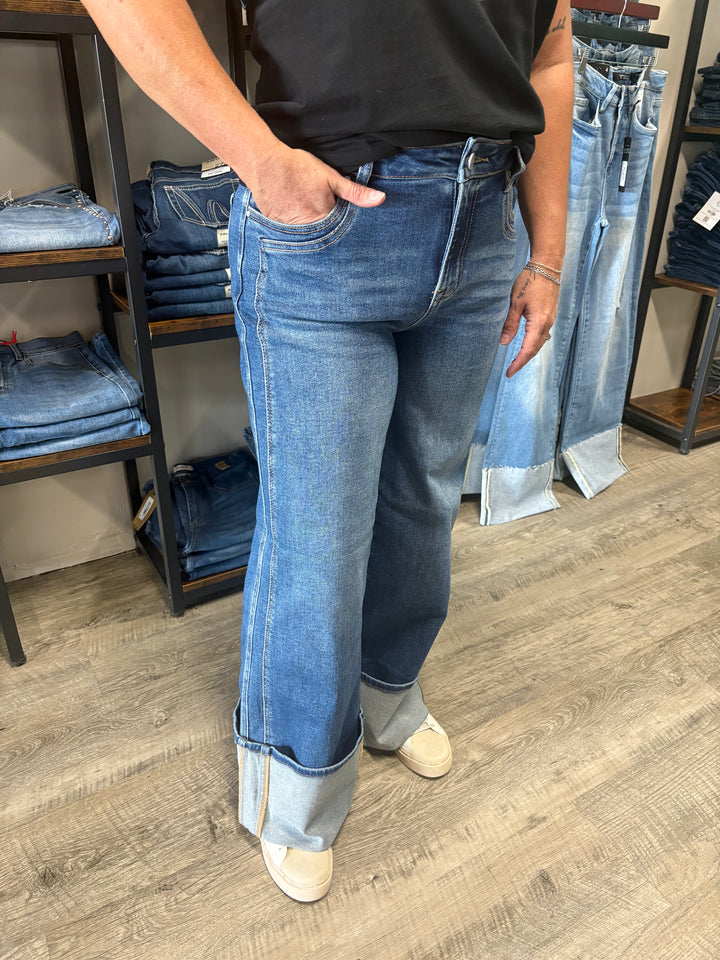 Risen High Rise Wide Leg Cuffed Jeans