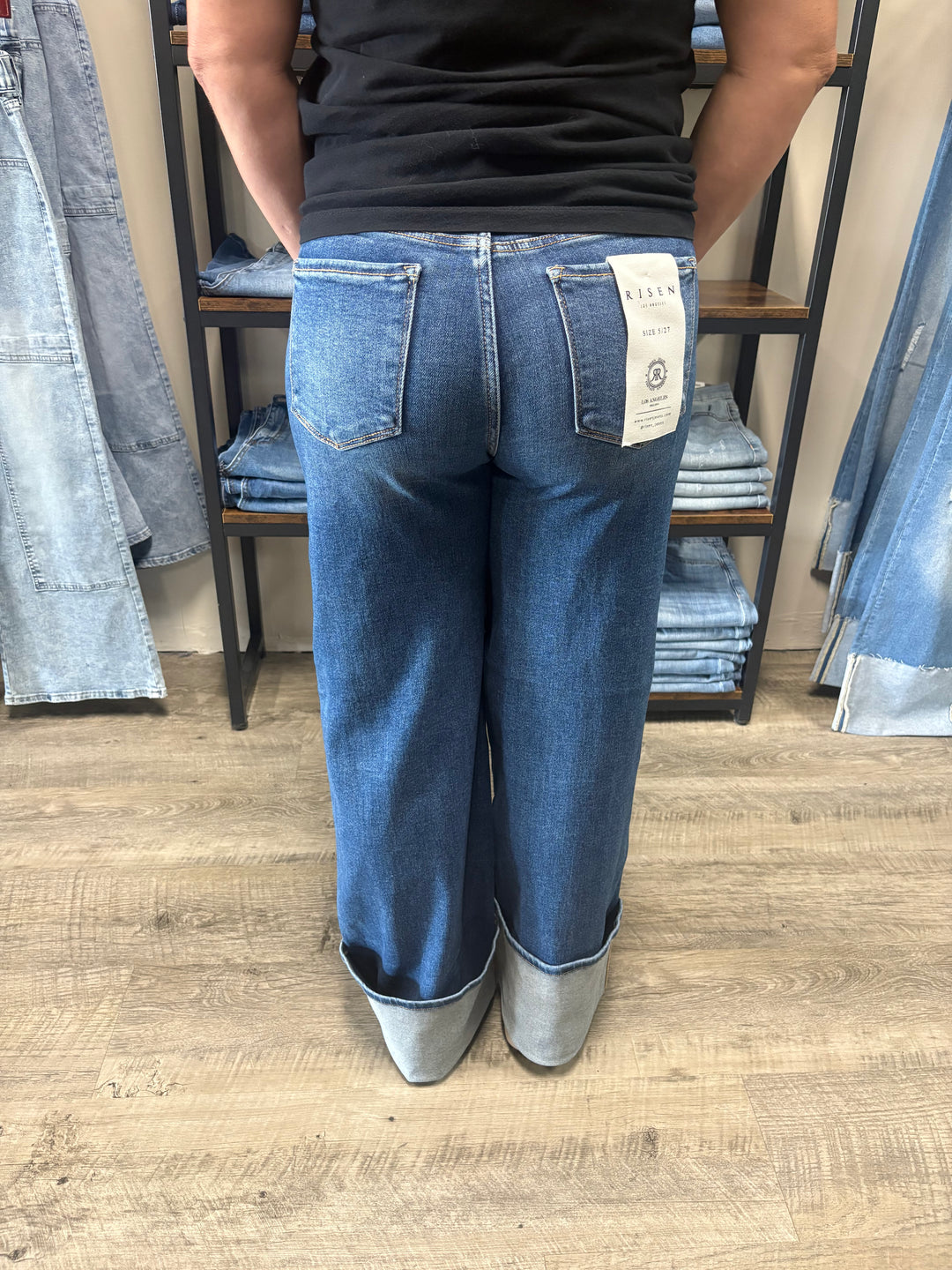 Risen High Rise Wide Leg Cuffed Jeans