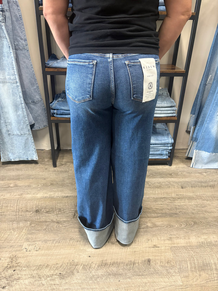 Risen High Rise Wide Leg Cuffed Jeans