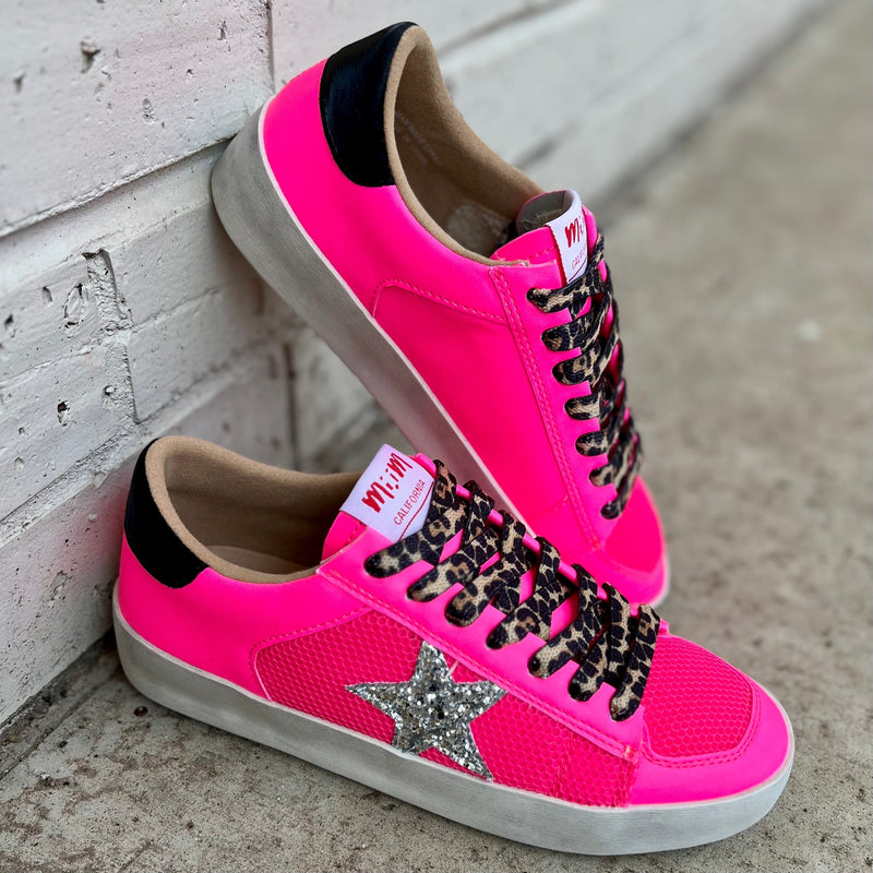 Feel like a galatic fashionista in these Candace Star Sneakers! With hot pink mesh and faux leather materials, silver glitter stars, and leopard print laces, you'll be rocketing off to a good time! Plus, they're comfier than a cloud, so you needn't worry about sore feet after a long day of strutting your stuff.