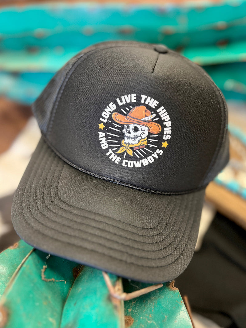 Trucker caps. Women's caps. Black cap. Cowboy Skelton Design. "Long Live the Hippies & Cowboys". Mesh Cap. Snap Back. Western fashion. Fashion Trend 2024