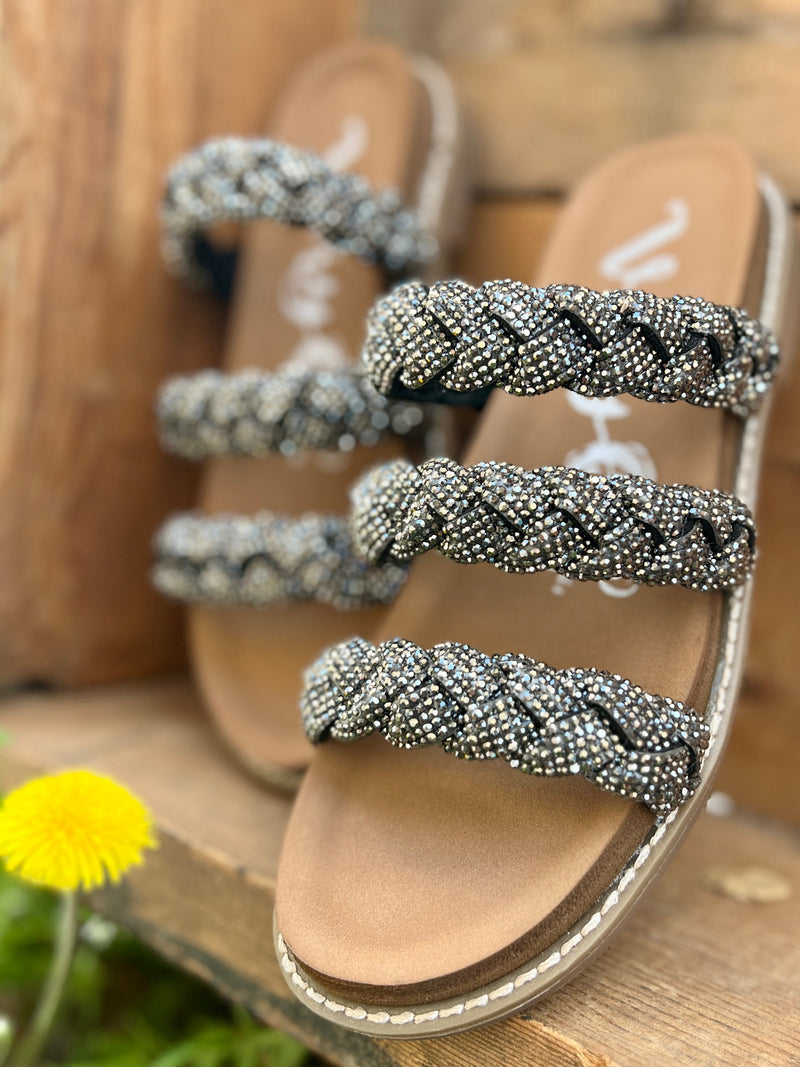 Black and silver. braided. strappy sandals. shiny. flats.  Womens Boutuique. Small Business. Womens western boutique.