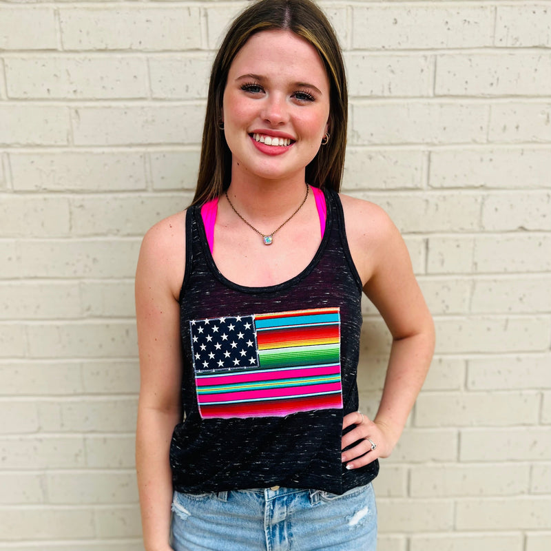 Stay cool in the heat of summer in this stylish racer back tank. Made of 91% polyester and 9% cotton for full breathability, this black marble tank features a bright, multi-colored serape print flag design for a look that is sure to turn heads.