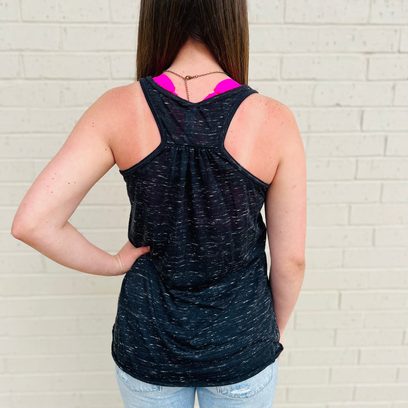 Stay cool in the heat of summer in this stylish racer back tank. Made of 91% polyester and 9% cotton for full breathability, this black marble tank features a bright, multi-colored serape print flag design for a look that is sure to turn heads.