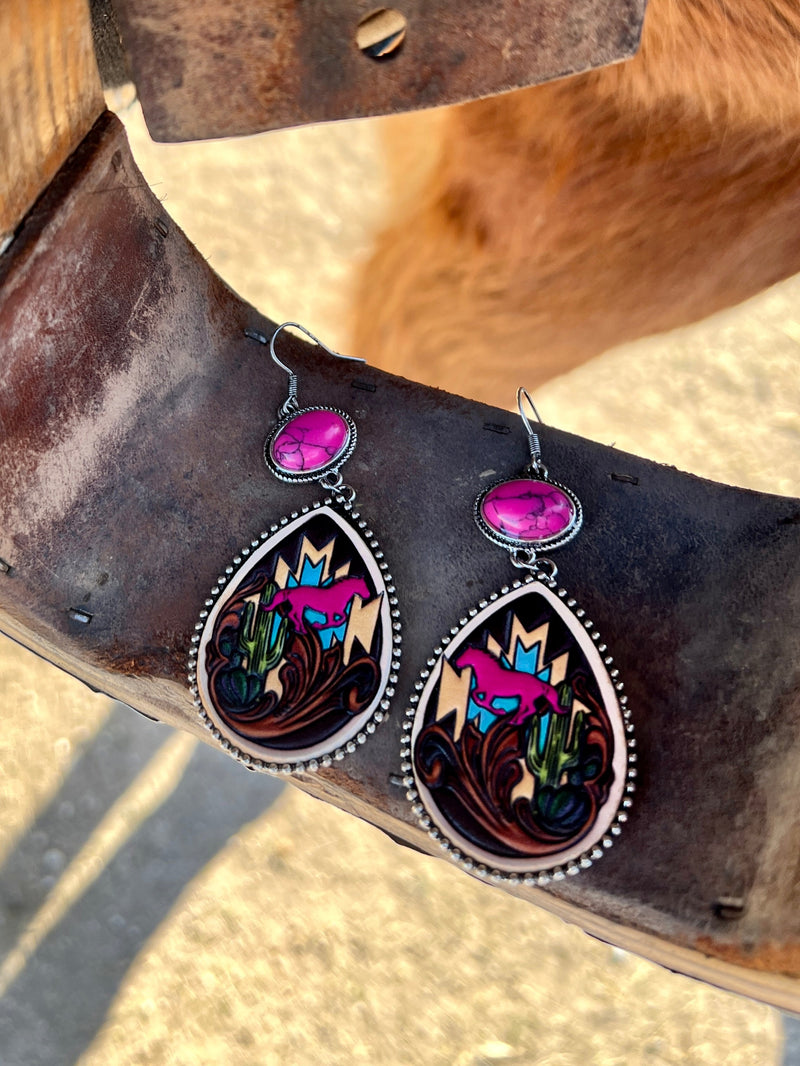 Leather Stamped Aztec Horse Earrings- 2 color choices