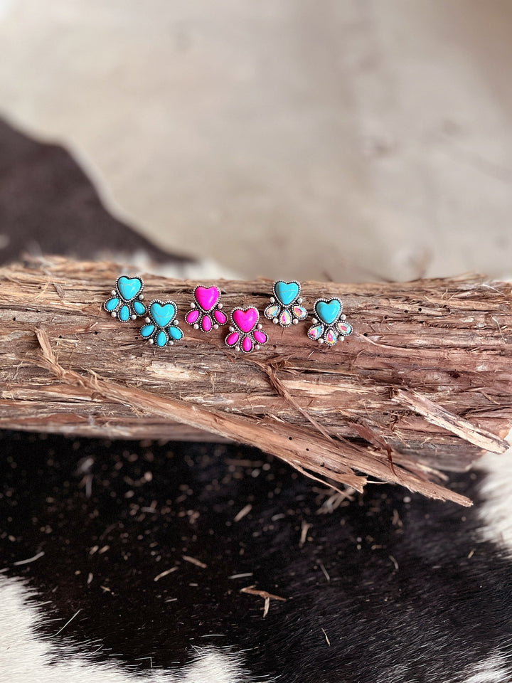 Western Style Stone Heart Post Earrings - 3 Colors Available | gussieduponline