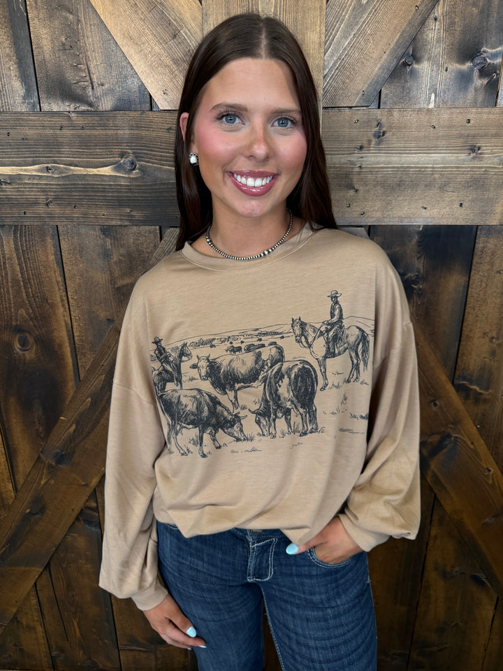 Camel Western Print Graphic Relaxed Sweatshirt