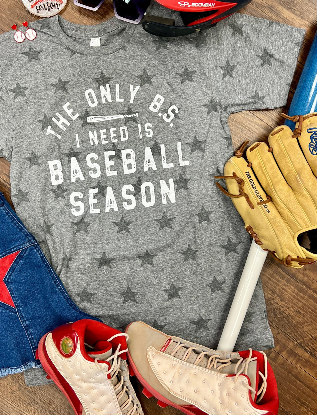 Baseball graphic tee. Baseball tee. Baseball fan shirt. Baseball shirt. Baseball mom shirt. Graphic tee with stars all over. Play on words graphic tees. "The Only B.S. I need is baseball season." Soft graphic tee. Trending style. Trending graphic tees. Popular baseball shirts. Comfortable graphic tees. Boutique. 