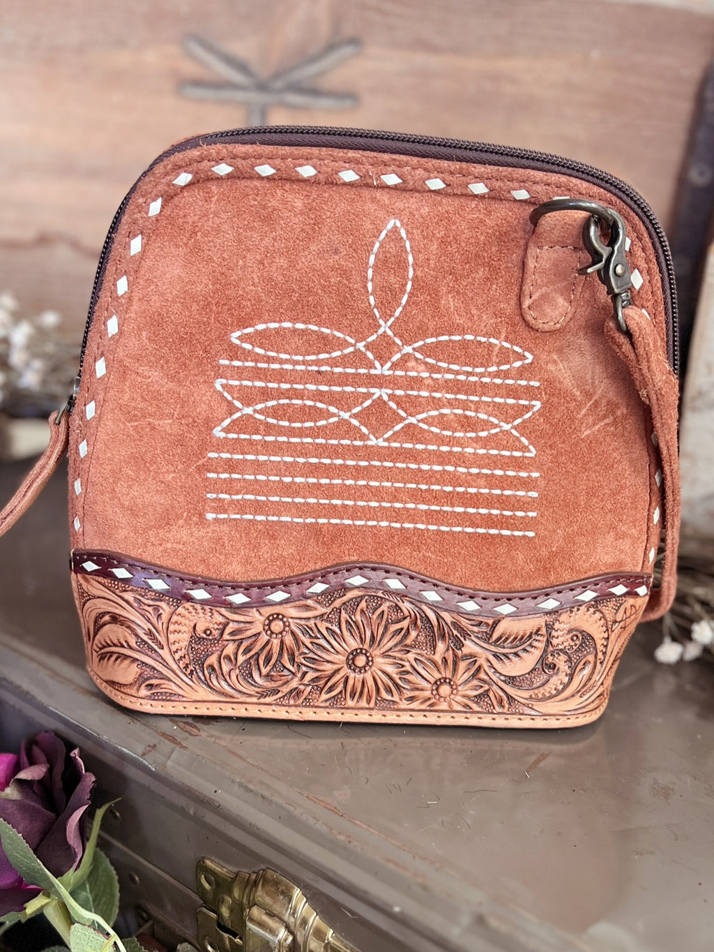 Darling Tan Suede Boot Stitch Wide Mouth Bag