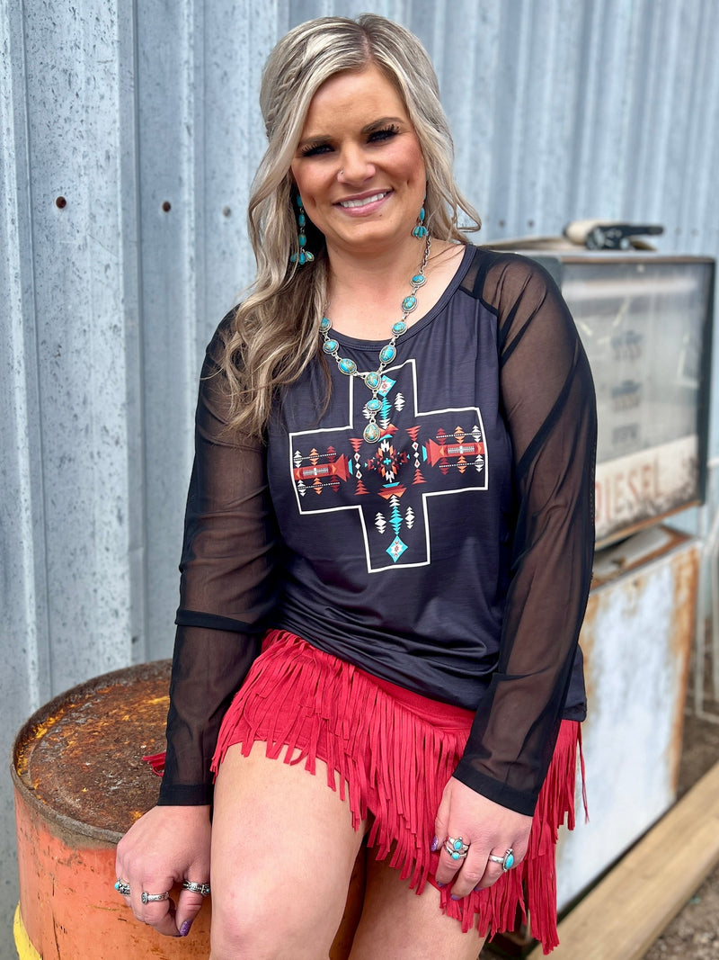 Sterling Kreek top. Women's top. Black top with sheer sleeves. Aztec top. Women's western style. Women's western wear. Women's western top. Women's western boutique. Sheer sleeve top. Black top. Small business. Woman owned. Fast shipping from Texas.