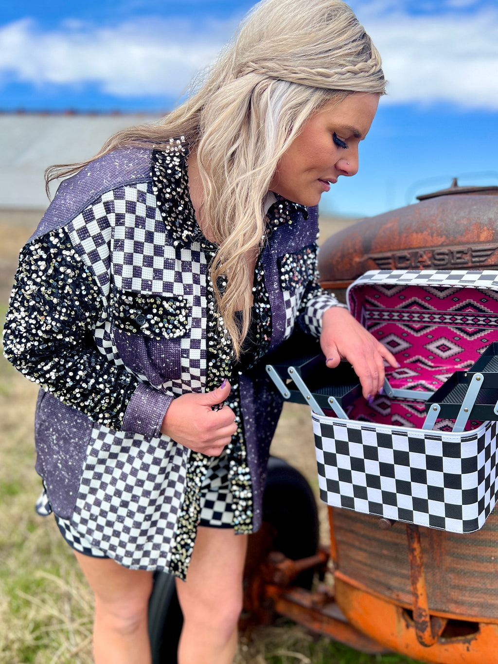 Sterling Kreek shacket. Black and white checkered shacket. Shacket with sequins. Oversized shacket. Black shacket. Race flag shacket. Fashion trend 2024. Women's fashion. Women's style. Women's boutique. Long sleeve lightweight shacket. Wear as a jacket or shirt. Small business. Woman owned business.