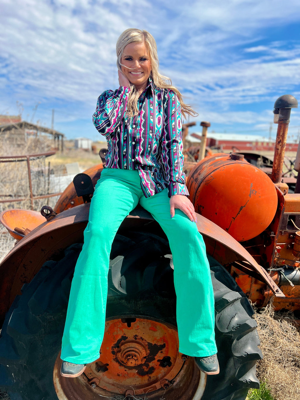 Sterling Kreek Denim. Turquoise denim bootcut jeans. Western style jeans. Western style. Colored denim jeans. Vintage inspired western denim. Long inseam turquoise denim jeans. Women's western boutique. Women's western wear. Small business. Woman owned. Online boutique. Fast shipping from Texas.