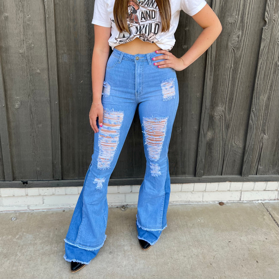 Retro Girl Light Wash Flares | gussieduponline