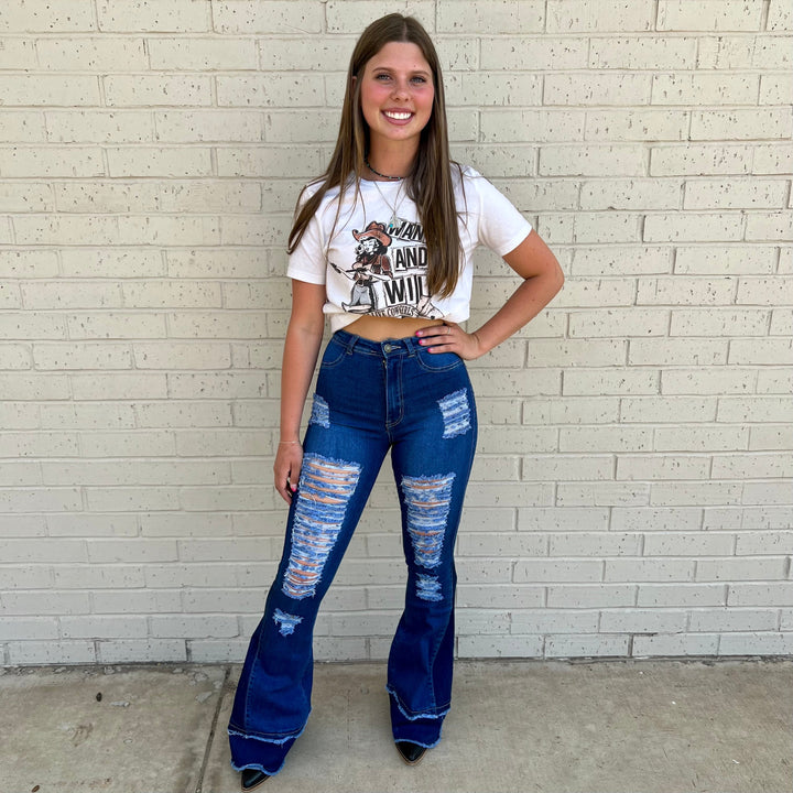 Retro Girl Dark Wash Flares | gussieduponline