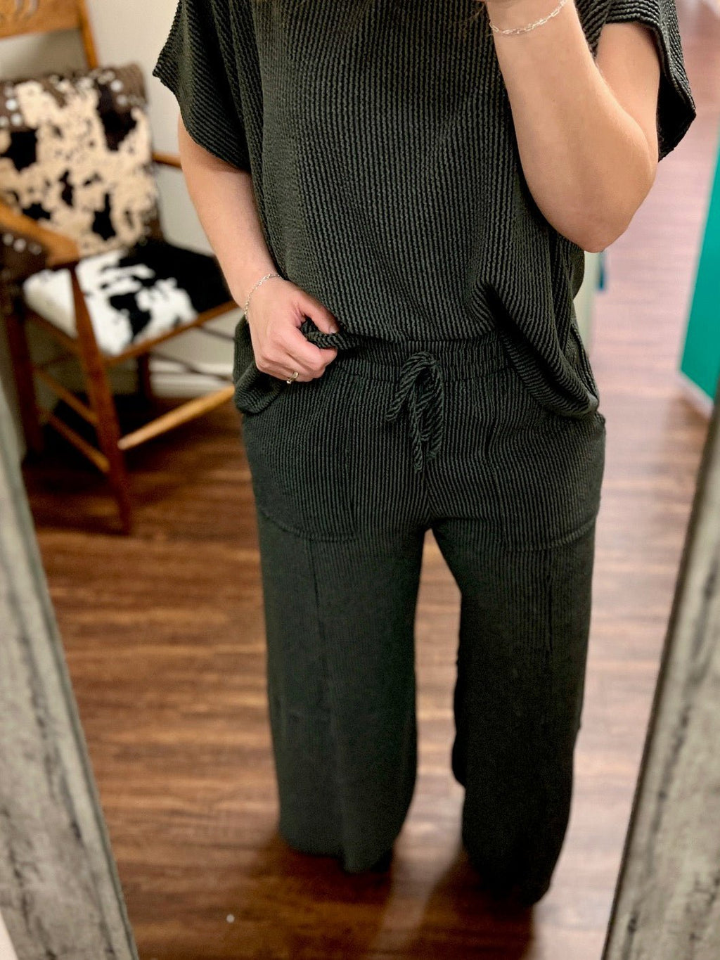 Blumin Apparel. charcoal. lounge pants, terry cloth, charcoal lounge pants. stretchy. comfortable. Get Gussied Up. Small Business. Woman Owned Boutique. 