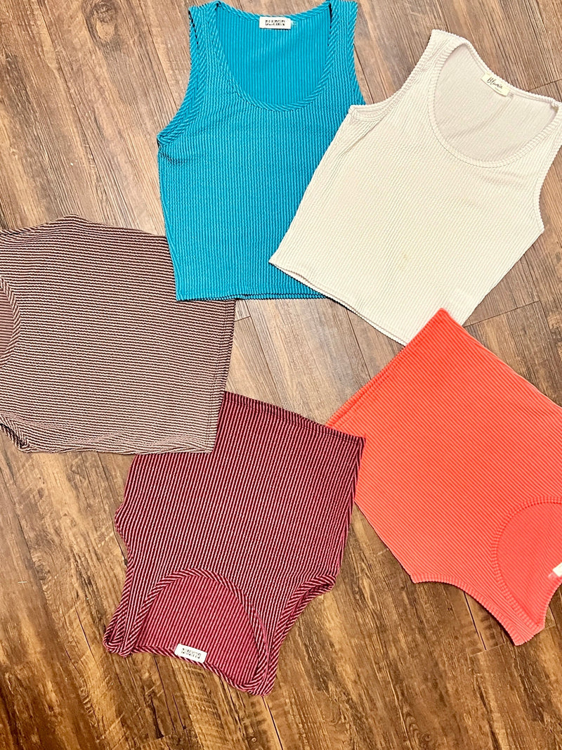Blumin Apparel/ Gussied Up Online. terry cloth, tank top. short sleeve. ribbed. comfortable. brown. coral. off white. teal. wine. summer. spring. terry cloth tank top. ribbed tank top. Get Gussied Up. Small Business. Woman Owned Business. 