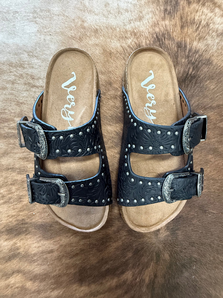Very G Heidi Black Studded Tooled Sandals