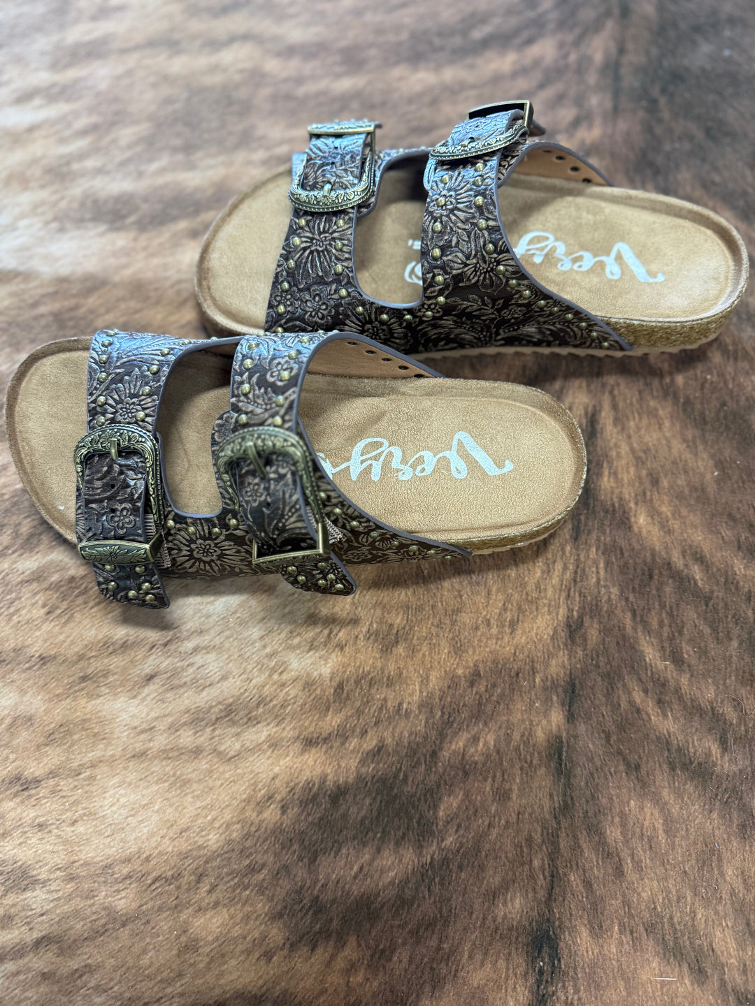Very G Heidi Brown Studded Tooled Sandals