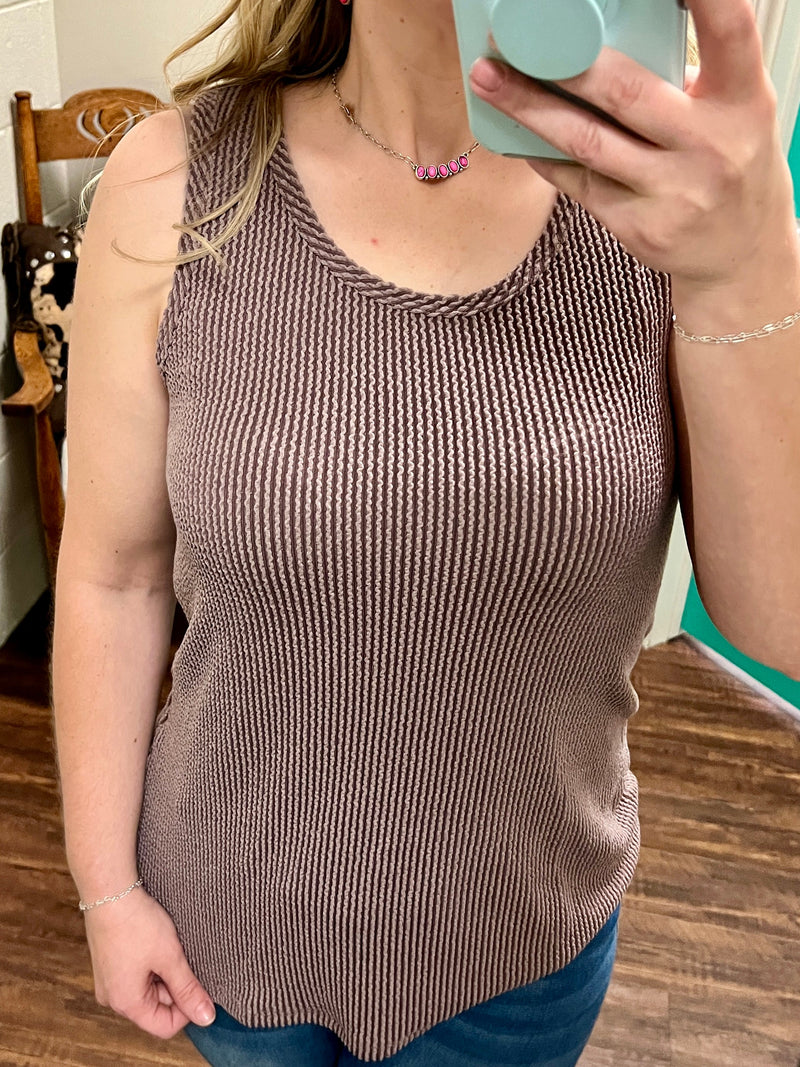 Blumin Apparel/ Gussied Up Online. terry cloth, tank top. short sleeve. ribbed. comfortable.full length. tradional style. brown. natural. black.  summer. spring. terry cloth tank top. ribbed tank top. Get Gussied Up. Small Business. Woman Owned Business. 