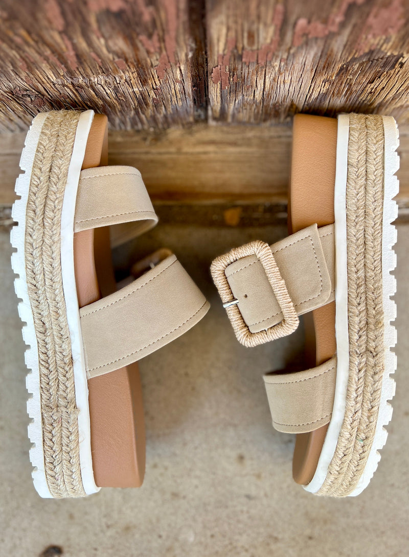 Suede Sand Raffia Platform Sandals | gussieduponline