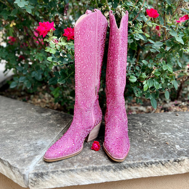 Add Glamour to any party with these Pink Rhinestone Boots with allover rhinestone detailing. Pointed Toe Silhouette, side zipper closure, 3" wooden block heel. These are one of the biggest trends in fashion right now, so grab yours and show off at every chance you get!  True to size