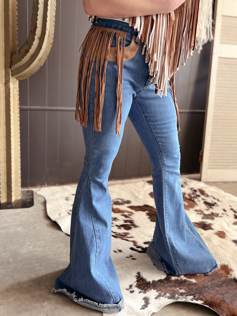 Bell Bottom Denim With Suede Fringe Gussied Up Online – gussied