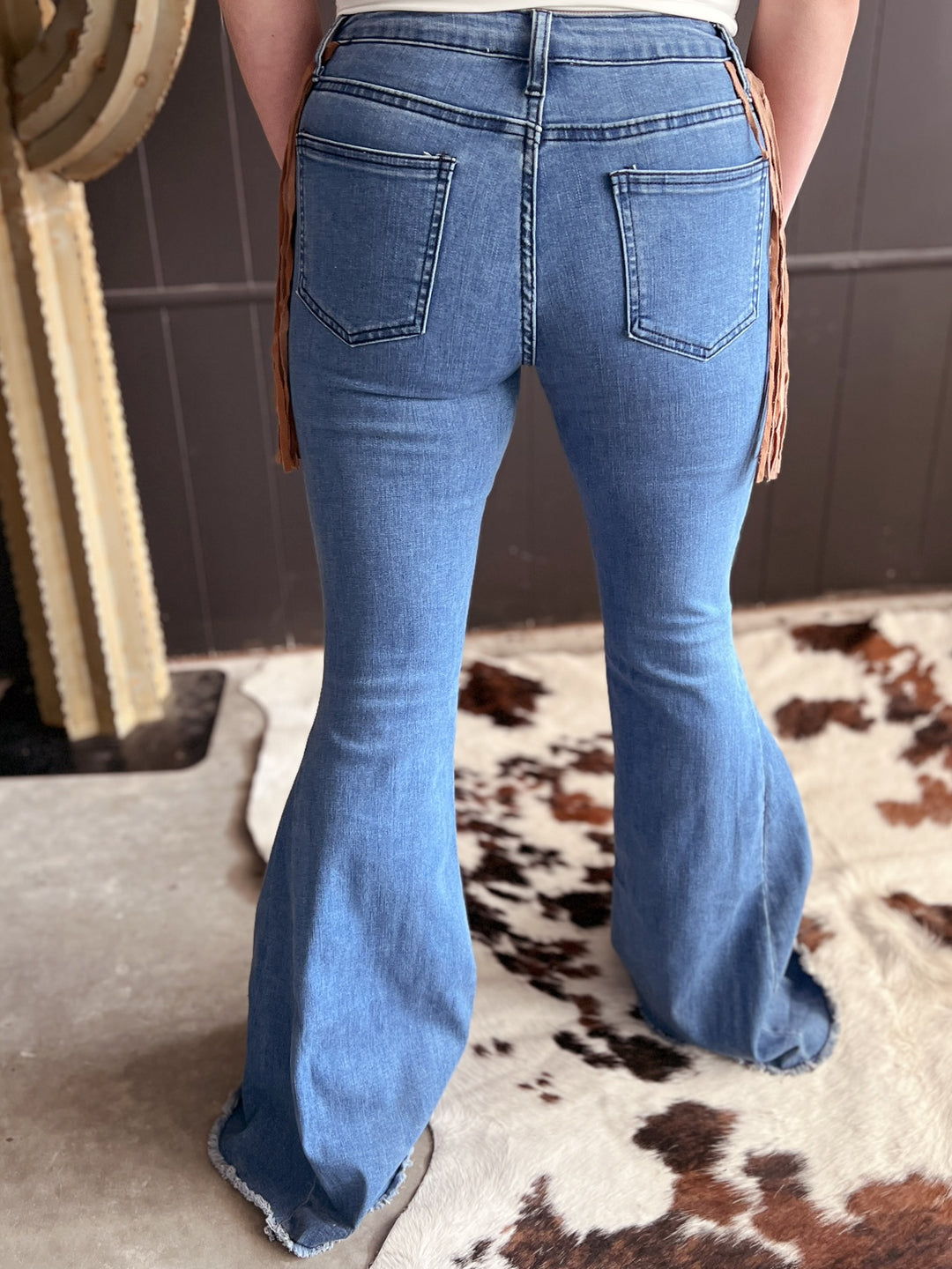 Bell Bottom Denim With Suede Fringe*