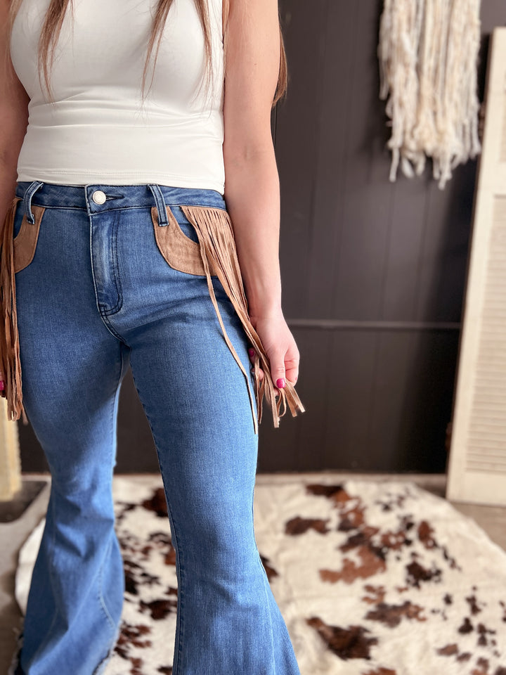 Bell Bottom Denim With Suede Fringe*