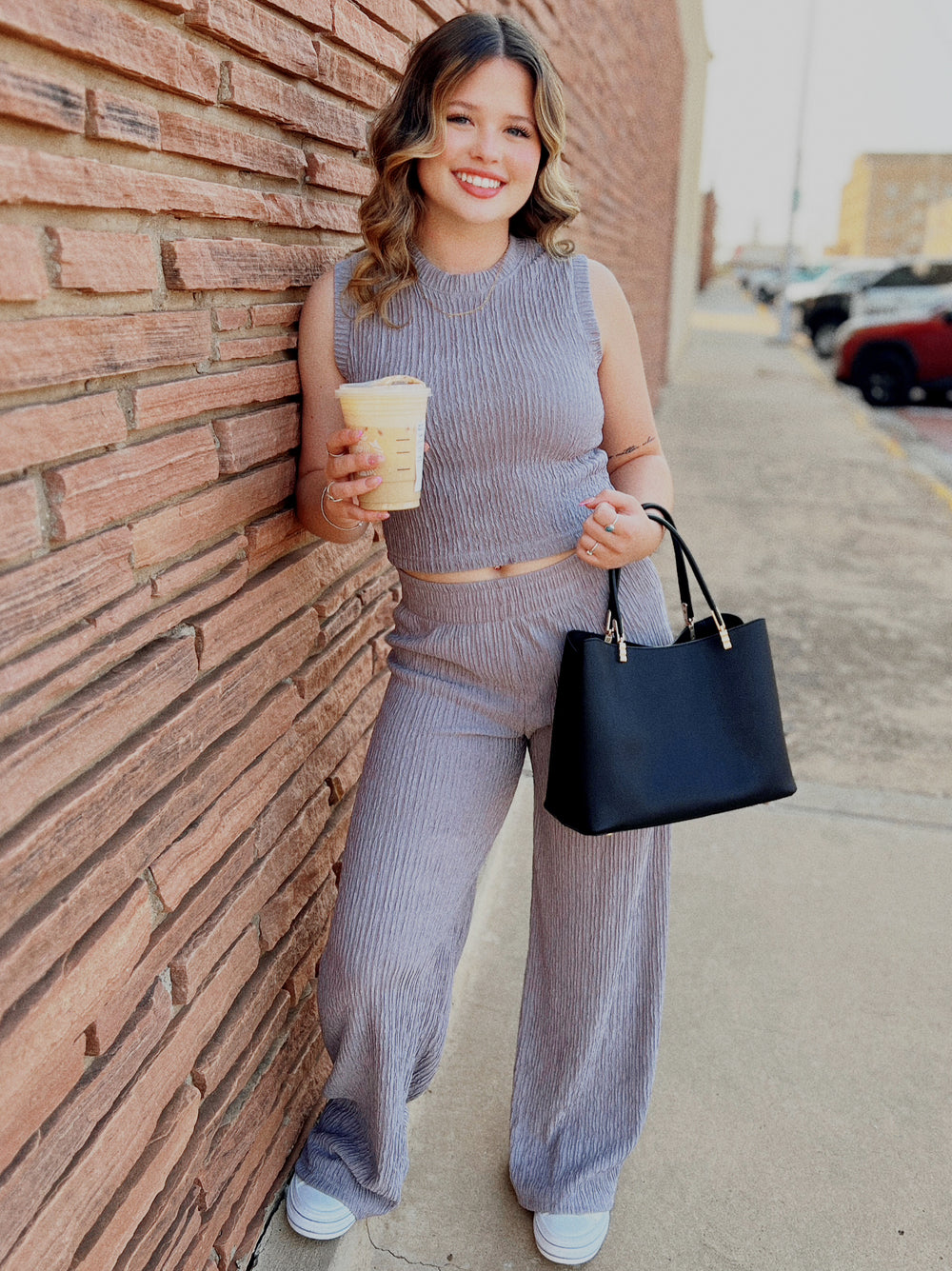 Grey Crinkle Ribbed Two Piece Matching Set (Copy) | gussieduponline