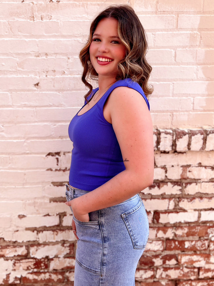 Marine Blue Seamless Deep Scoop Back Tank Top | gussieduponline