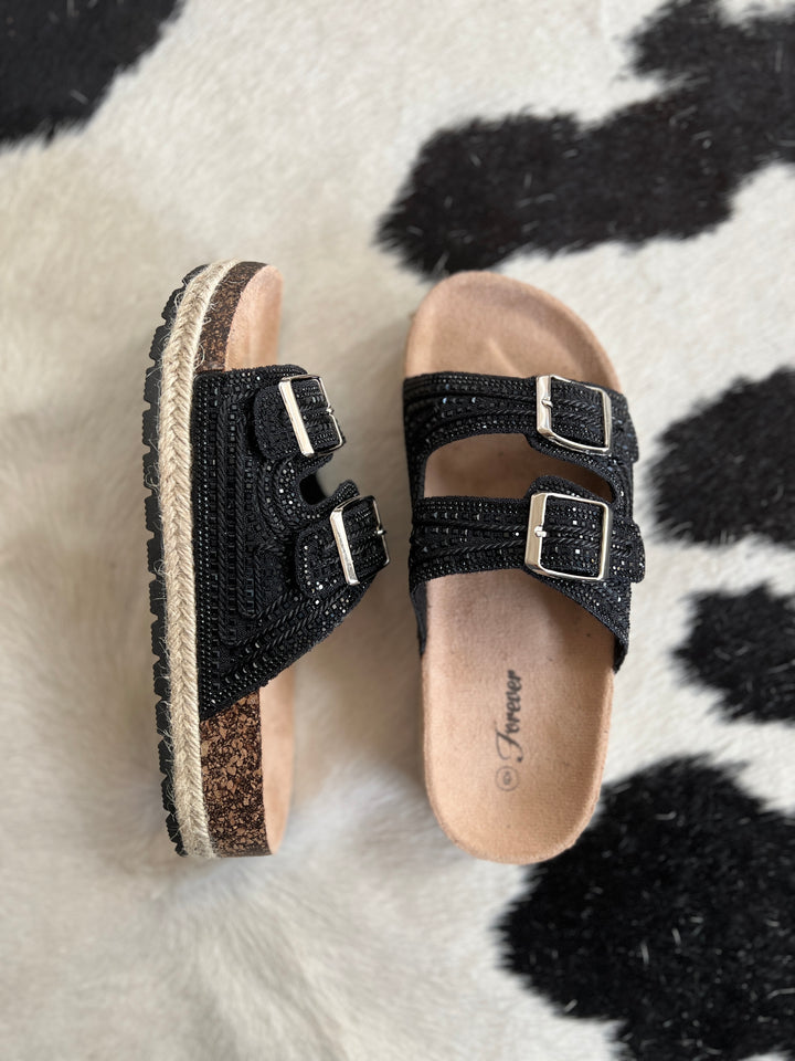 Black Rhinestone Double Buckle Burke Sandals*