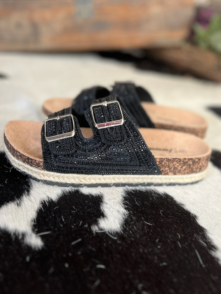 Black Rhinestone Double Buckle Burke Sandals*