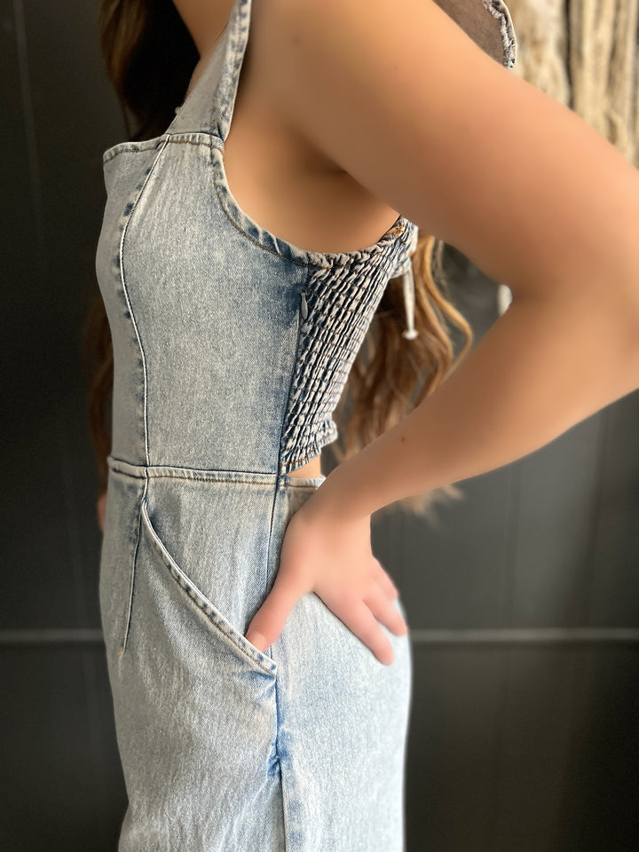 Ruffled Denim Open Smocked Back Jumpsuit*